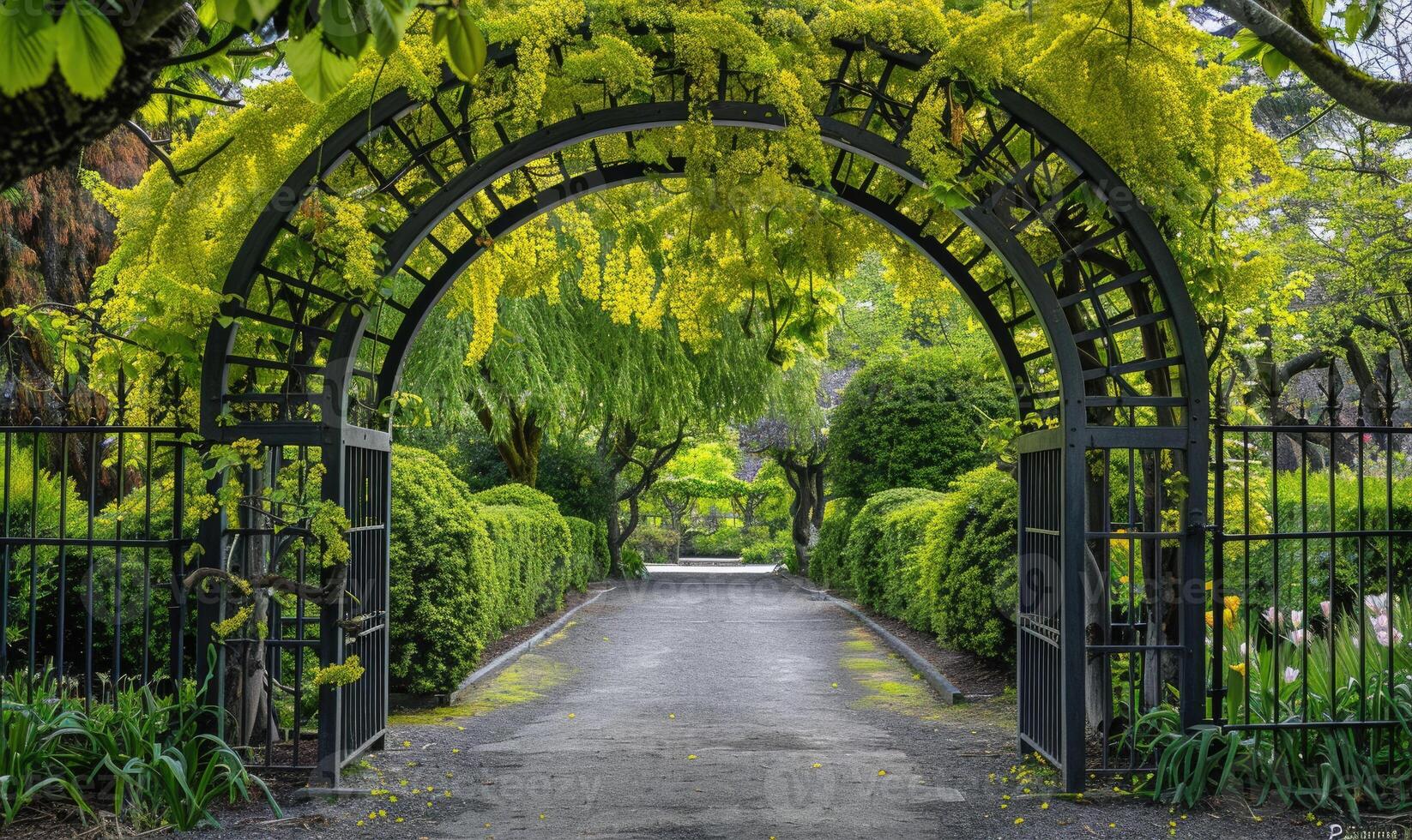 laburno árvore galhos formando a arco sobre uma jardim portão foto