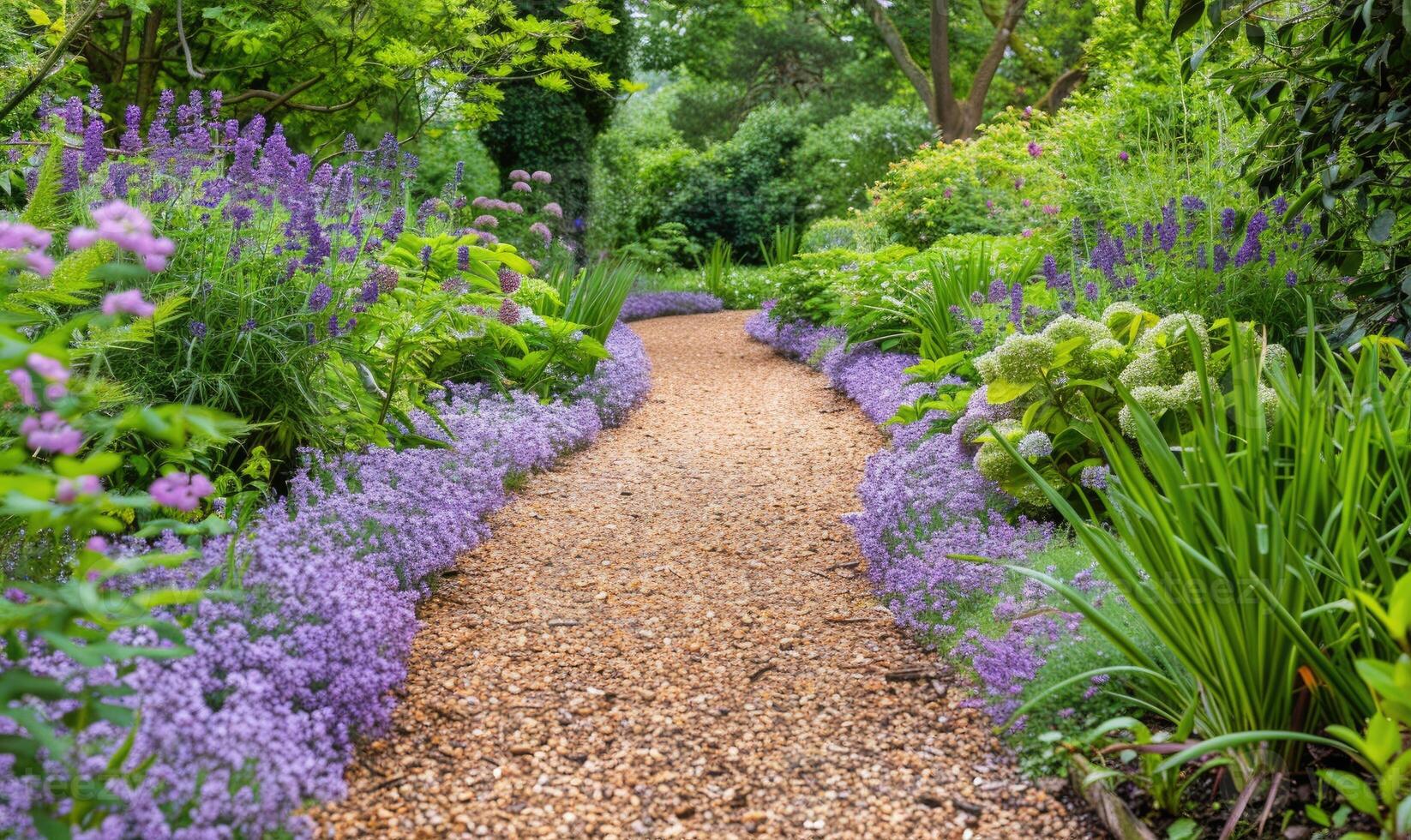 uma sereno jardim caminho forrado com lavanda flores foto