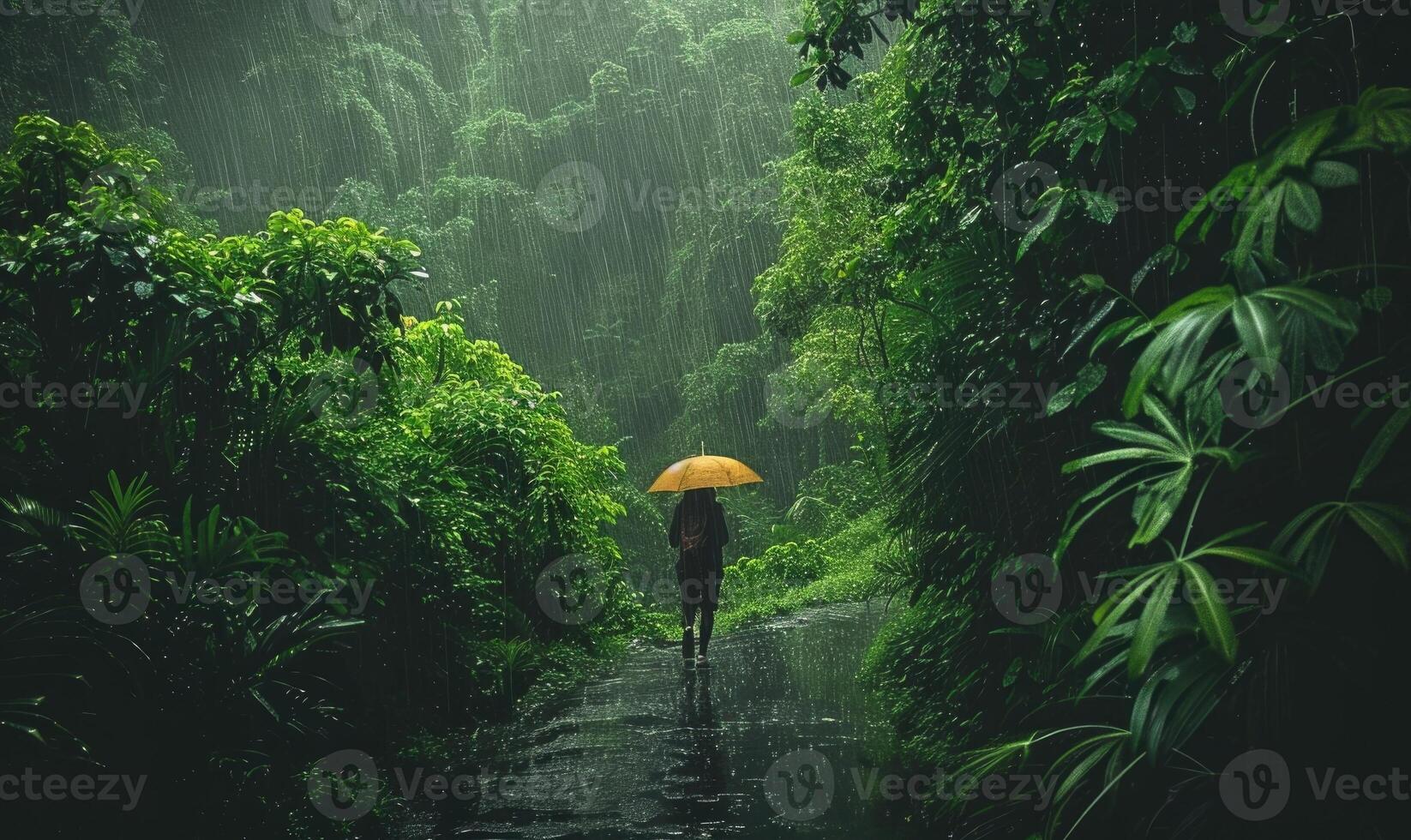 uma pessoa caminhando através uma floresta durante uma □ Gentil chuva foto