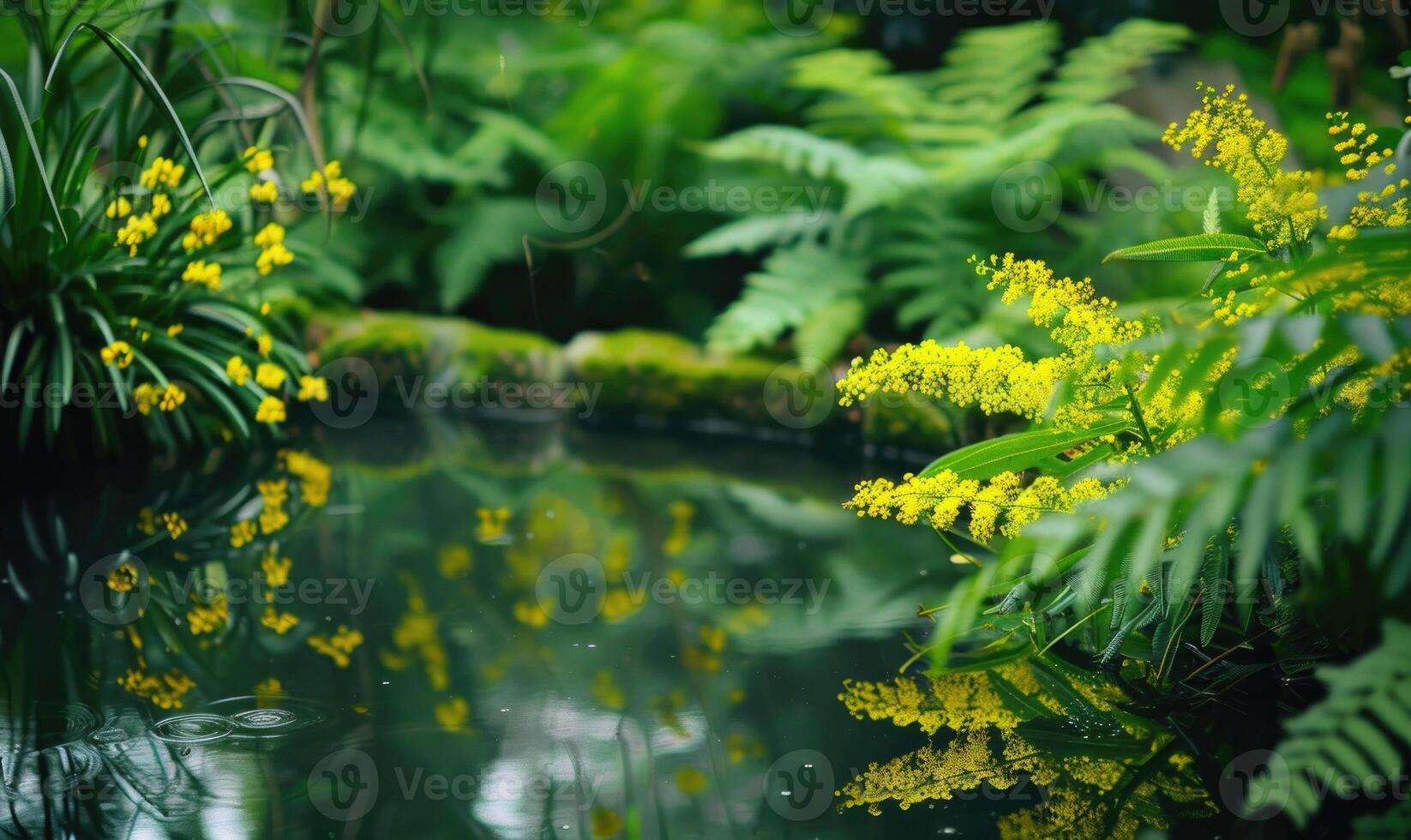 uma tranquilo lagoa cercado de exuberante vegetação foto