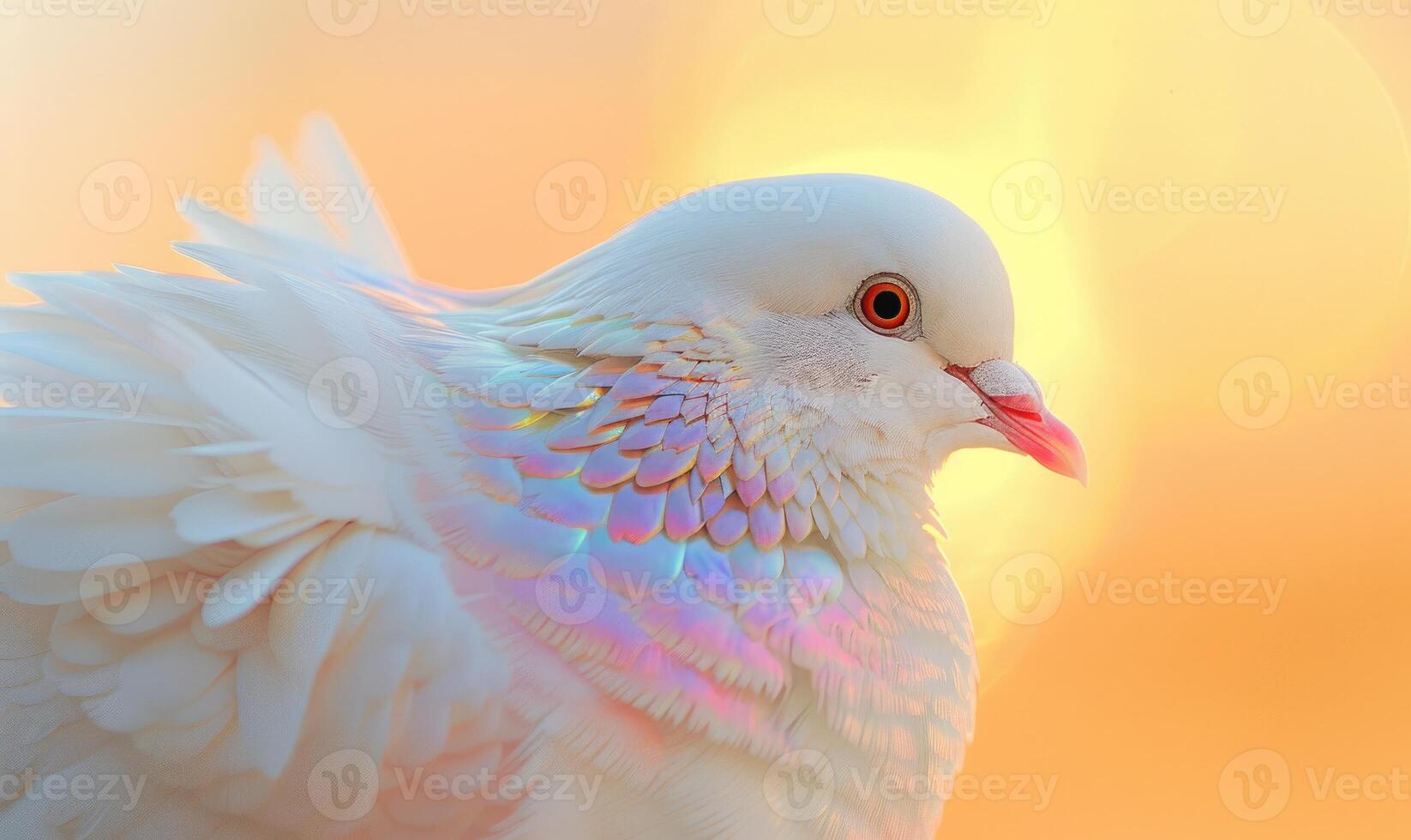 branco Pombo com iridescente penas capturado dentro uma fechar-se Visão debaixo a luz solar foto