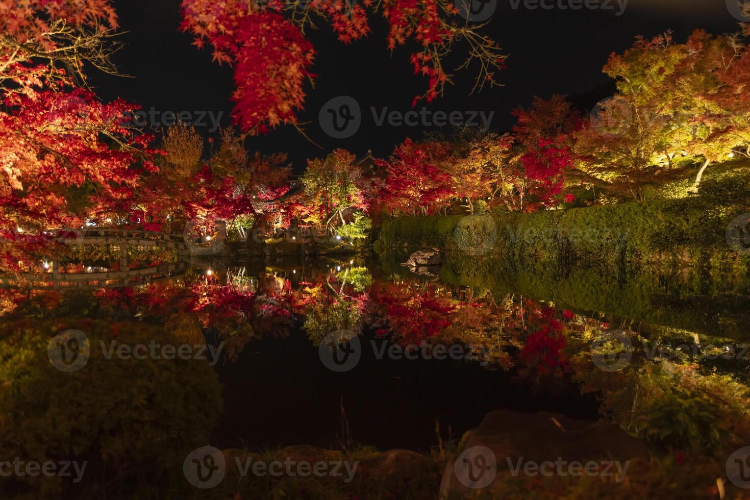 a iluminado vermelho folhas refletindo em a água às a tradicional jardim foto