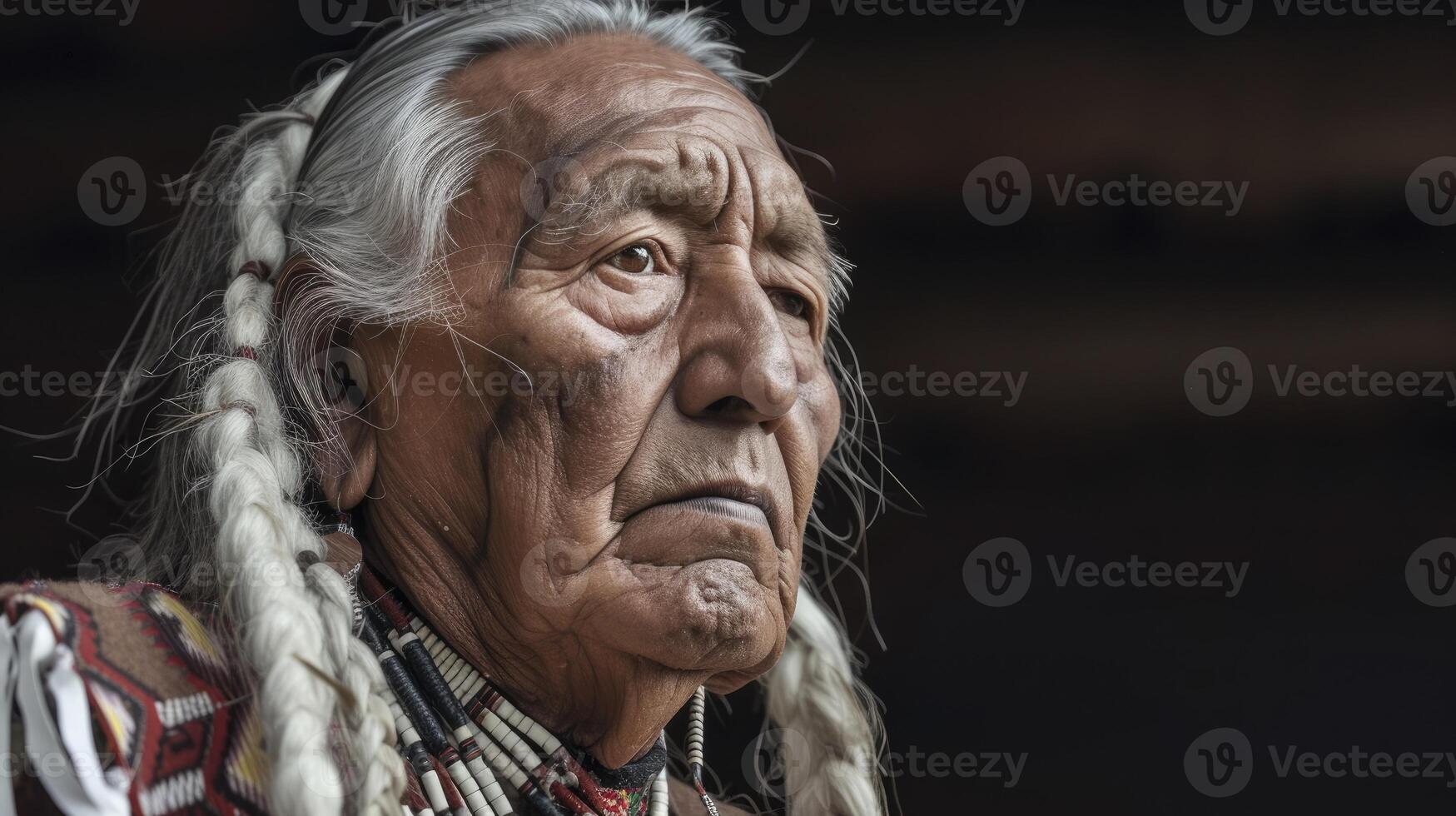 ai gerado uma nativo americano mais velho, com grandes branco tranças e uma resistido face, é realizando uma tradicional dança às uma powwow dentro arizona, foto
