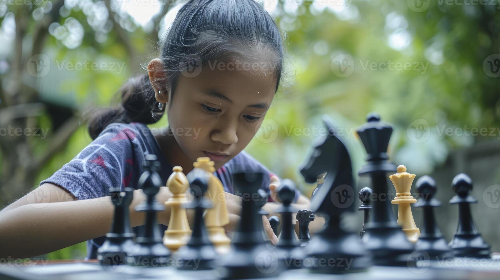 ai gerado uma Adolescência menina a partir de sudeste Ásia, com uma focado expressão e uma xadrez quadro, é jogando uma jogos do xadrez dentro uma parque dentro Manila, Filipinas foto