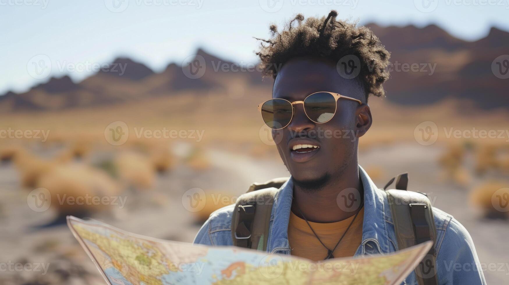 ai gerado uma jovem africano homem, com uma Veja do excitação e uma mapa, é planejamento uma estrada viagem através Namíbia foto