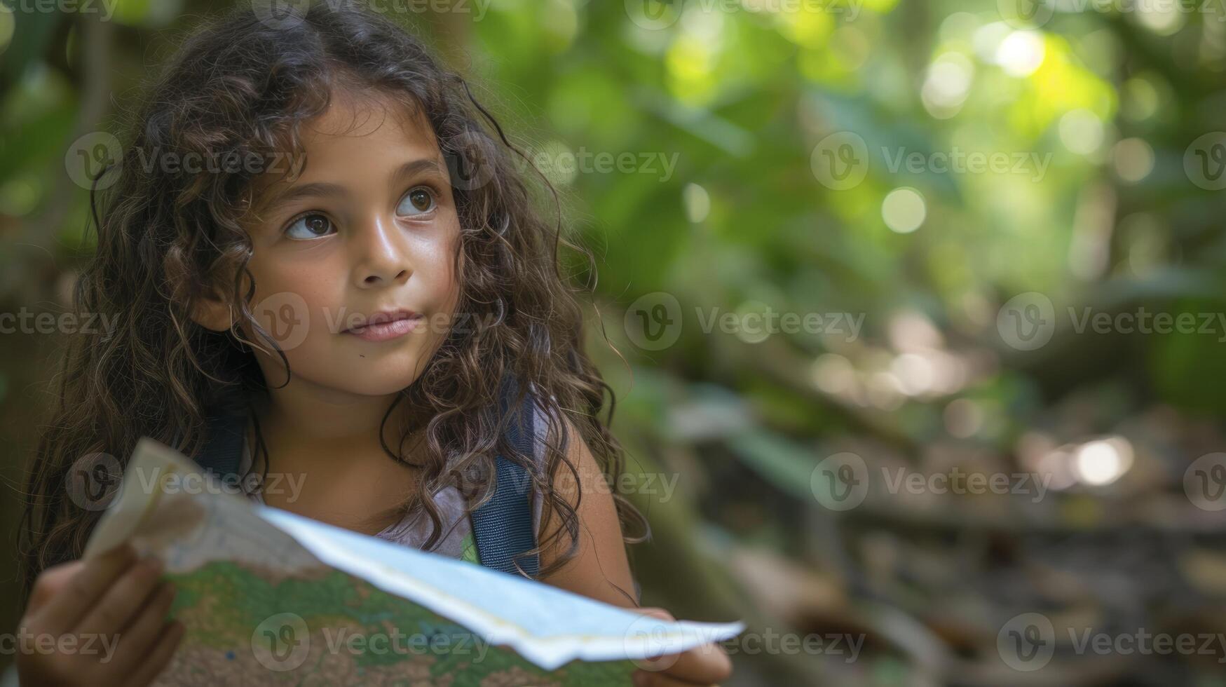 ai gerado uma jovem menina a partir de sul América, com uma curioso expressão e uma mapa, é explorando a Amazonas floresta tropical dentro Brasil foto