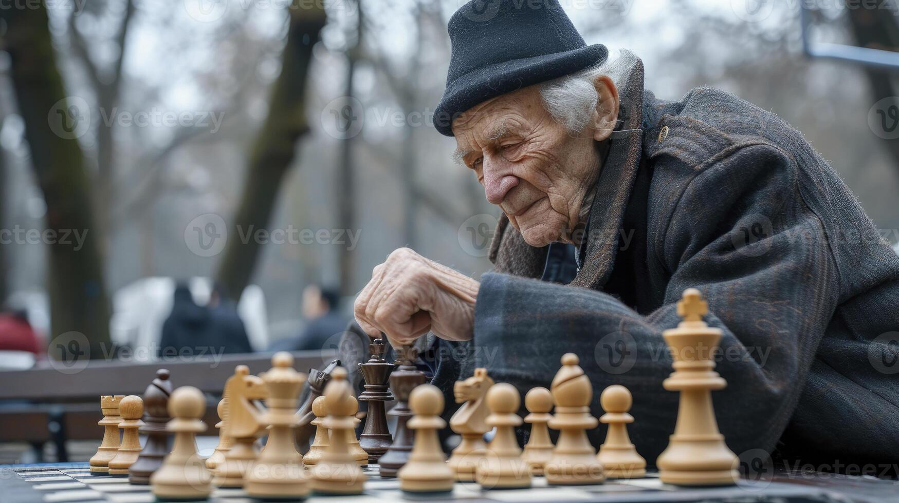 ai gerado a idosos europeu homem é jogando xadrez dentro uma parque dentro Berlim foto