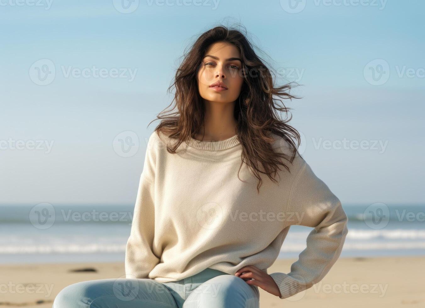 ai gerado sereno jovem mulher sentado em uma de praia às pôr do sol dentro casual vestuário foto