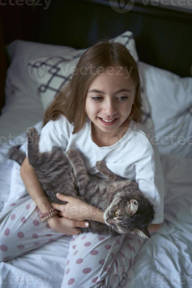 menina tocam com uma gato foto