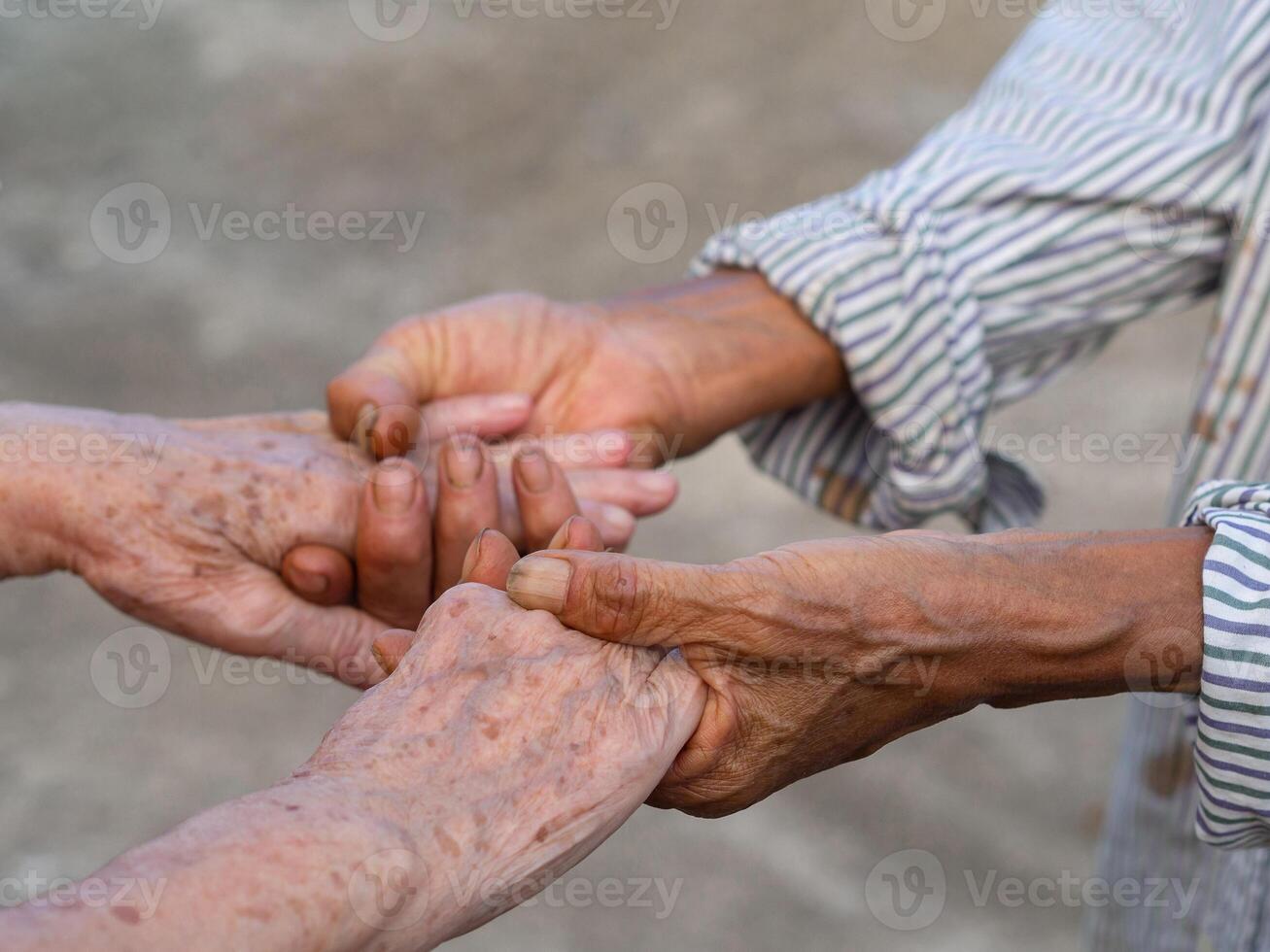 fechar-se do uma aperto de mão entre Senior mulheres enquanto em pé dentro uma jardim. conceito do envelhecido pessoas e relação foto