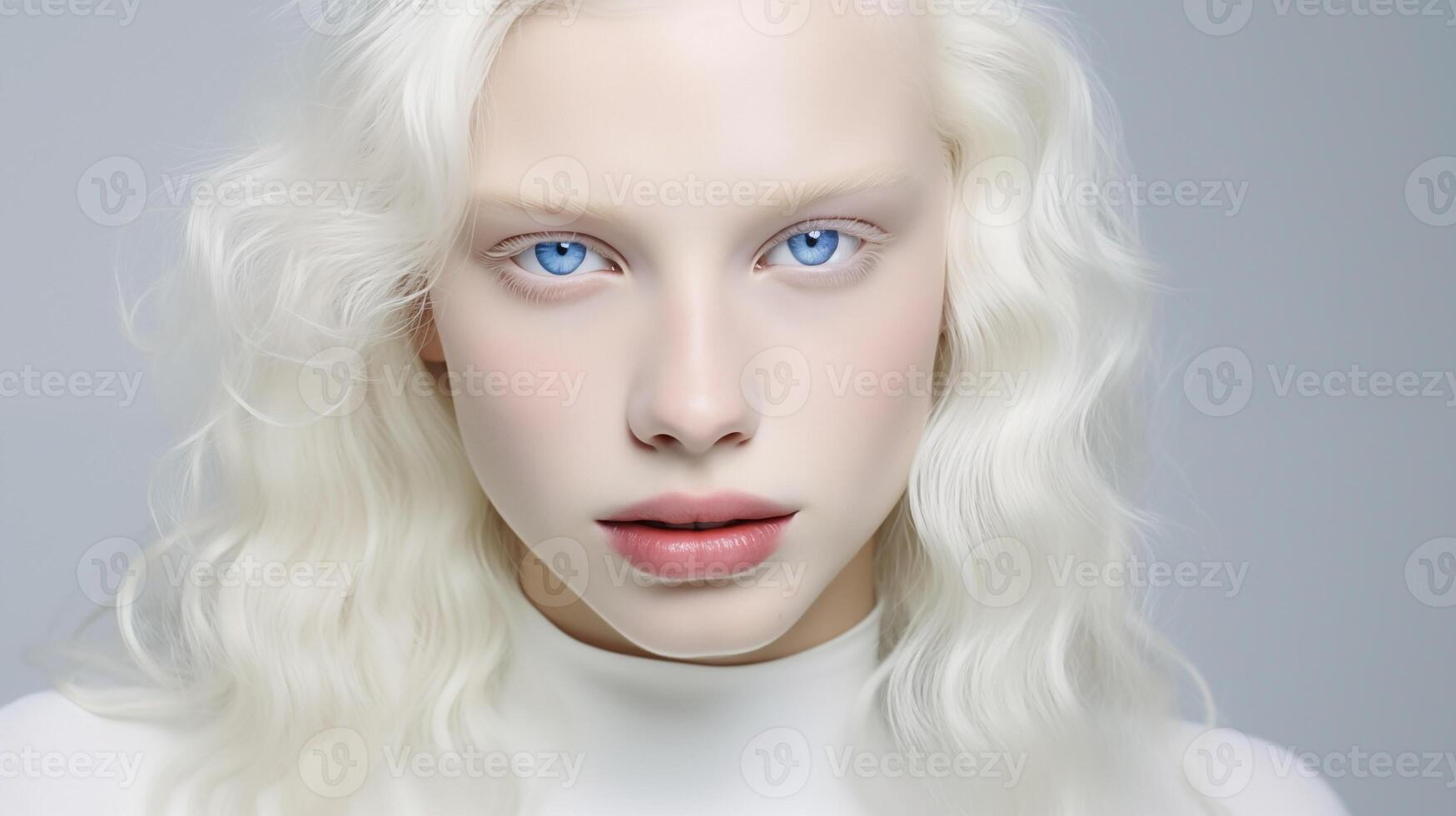 lindo albino adolescente menina com encaracolado cabelo, ingênuo facial expressão e roliço lábios fechar-se. natural beleza com brilhando saudável pele. publicidade do cosméticos, perfumes foto