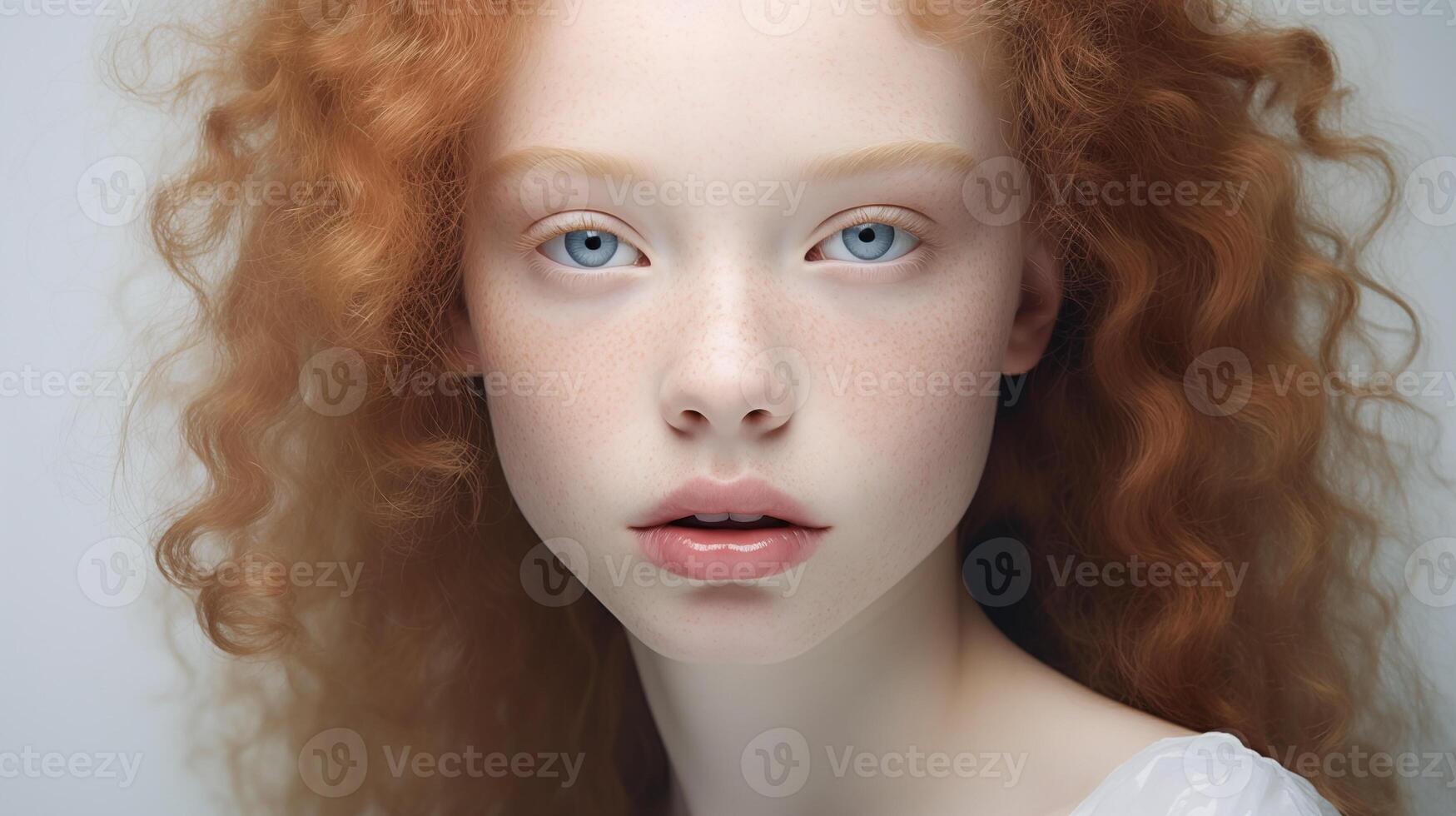 retrato do lindo adolescente menina com gengibre cabelo, azul olhos, roliço lábios, ingênuo facial expressão. natural beleza com sardas em a face. publicidade do cosméticos, perfumes foto