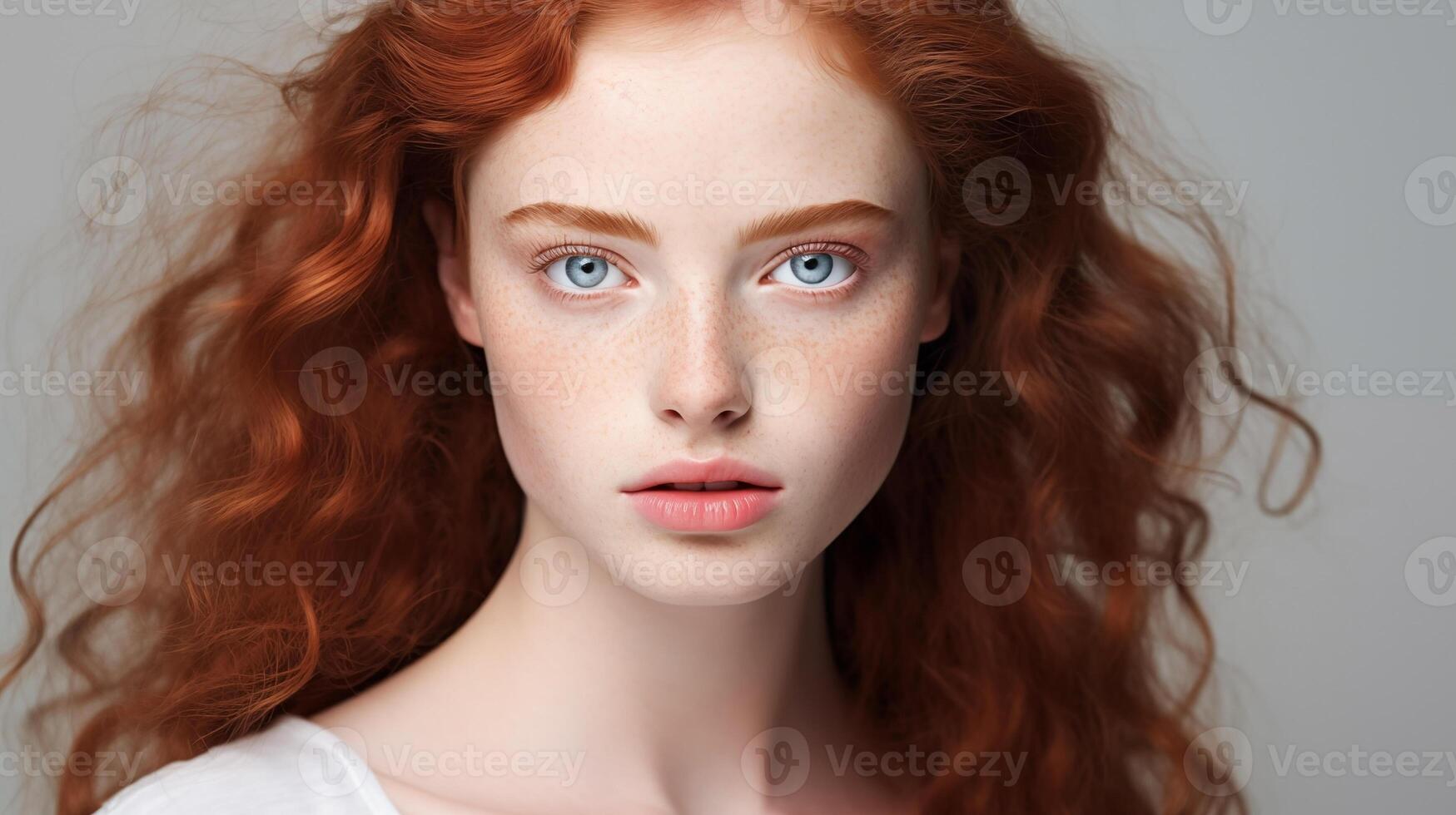 retrato do lindo jovem mulher com gengibre cabelo, azul olhos, pele detalhes. natural beleza com sardas em a face. publicidade do cosméticos, perfumes foto