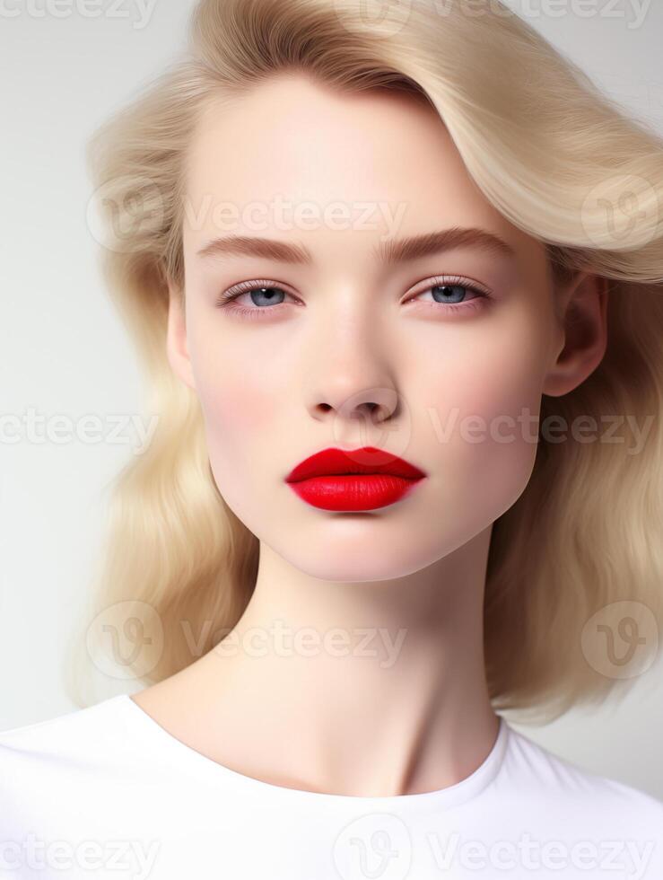 retrato do lindo jovem mulher com azul olhos, loiro cabelo e vermelho batom. publicidade do cosméticos, perfumes foto