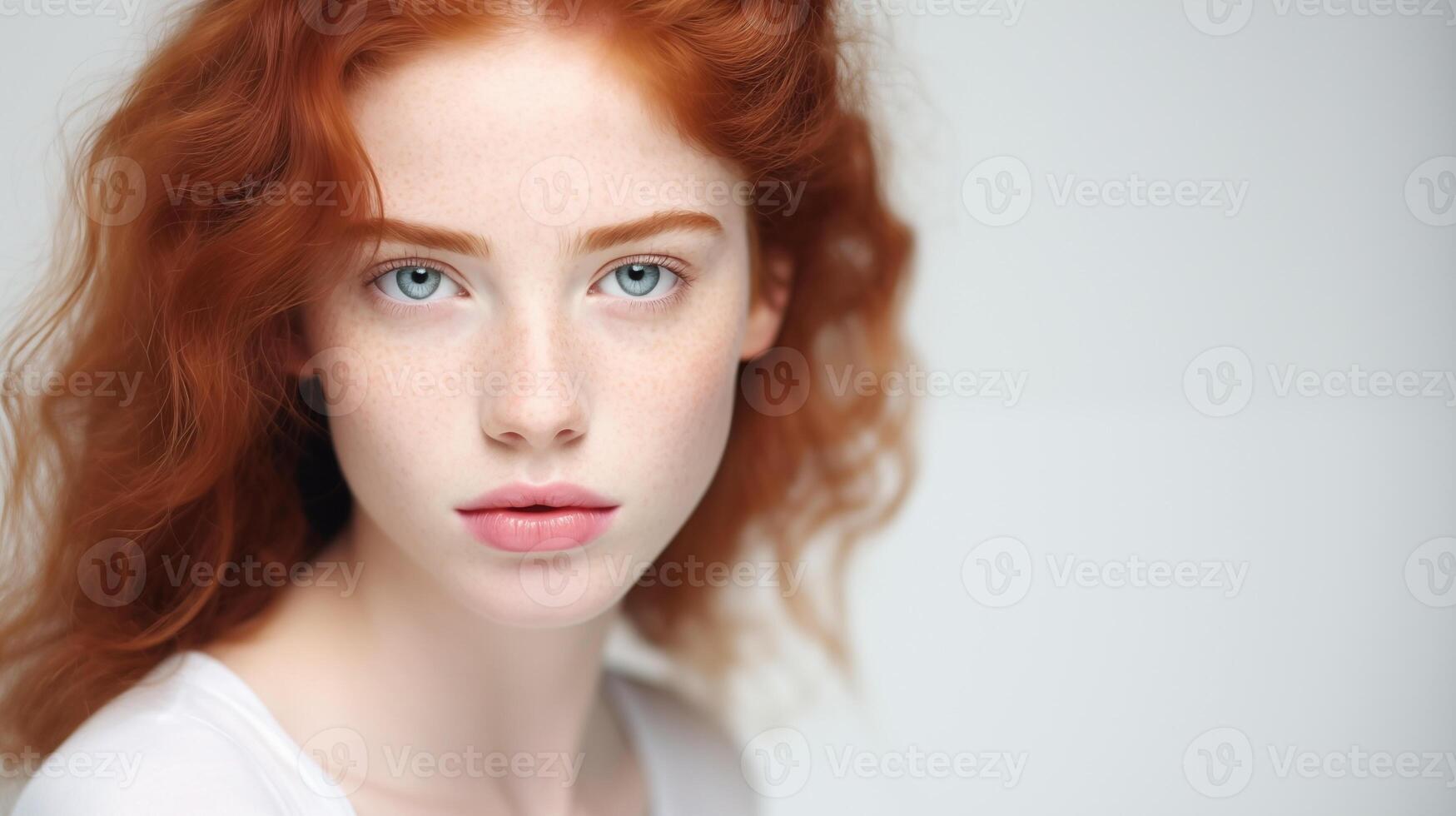 retrato do lindo adolescente menina com gengibre cabelo, azul olhos, roliço lábios, ingênuo facial expressão. natural beleza com sardas em a face. publicidade do cosméticos, perfumes foto