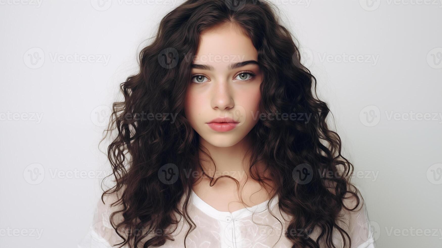 lindo adolescente menina com azul olhos, Preto encaracolado cabelo, ingênuo facial expressão fechar-se. natural beleza com brilhando saudável pele. publicidade do cosméticos, perfumes foto