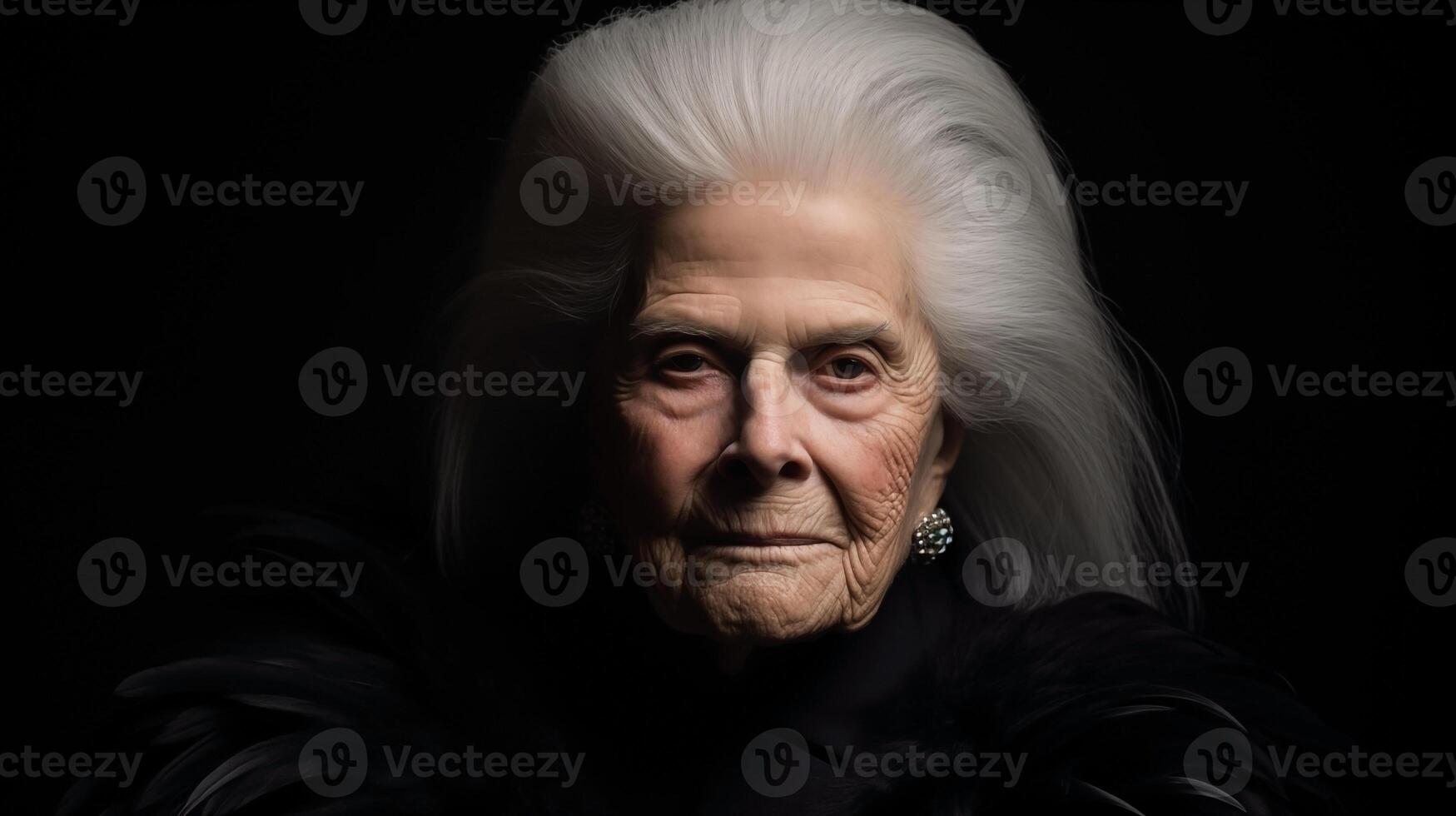 retrato do rigoroso Senior senhora com grandes cinzento cabelo, à moda roupas decorado com Preto penas, diamante brincos em Sombrio fundo foto