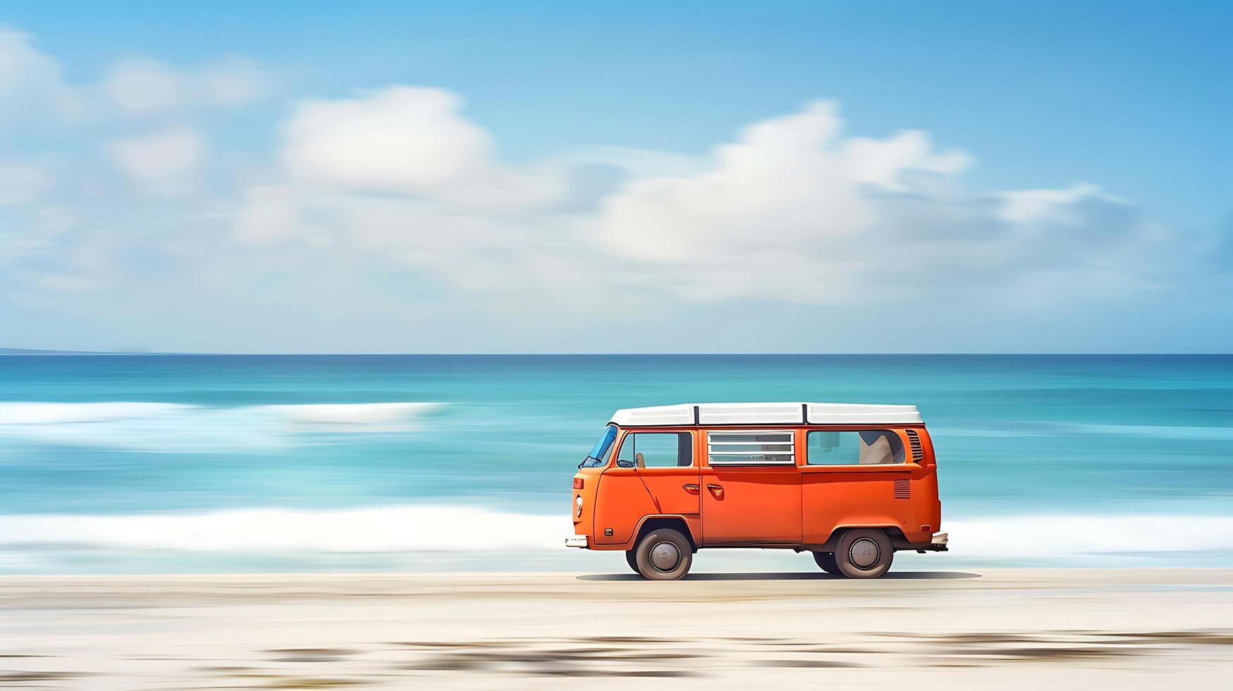 laranja furgão em a de praia com mar e azul céu fundo, tintas uma pacífico cena. foto