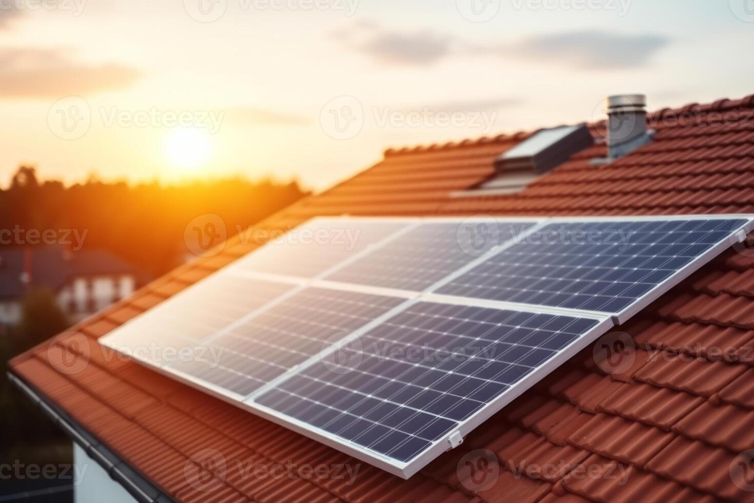 ai gerado solar painéis em a cobertura do uma casa às pôr do sol foto