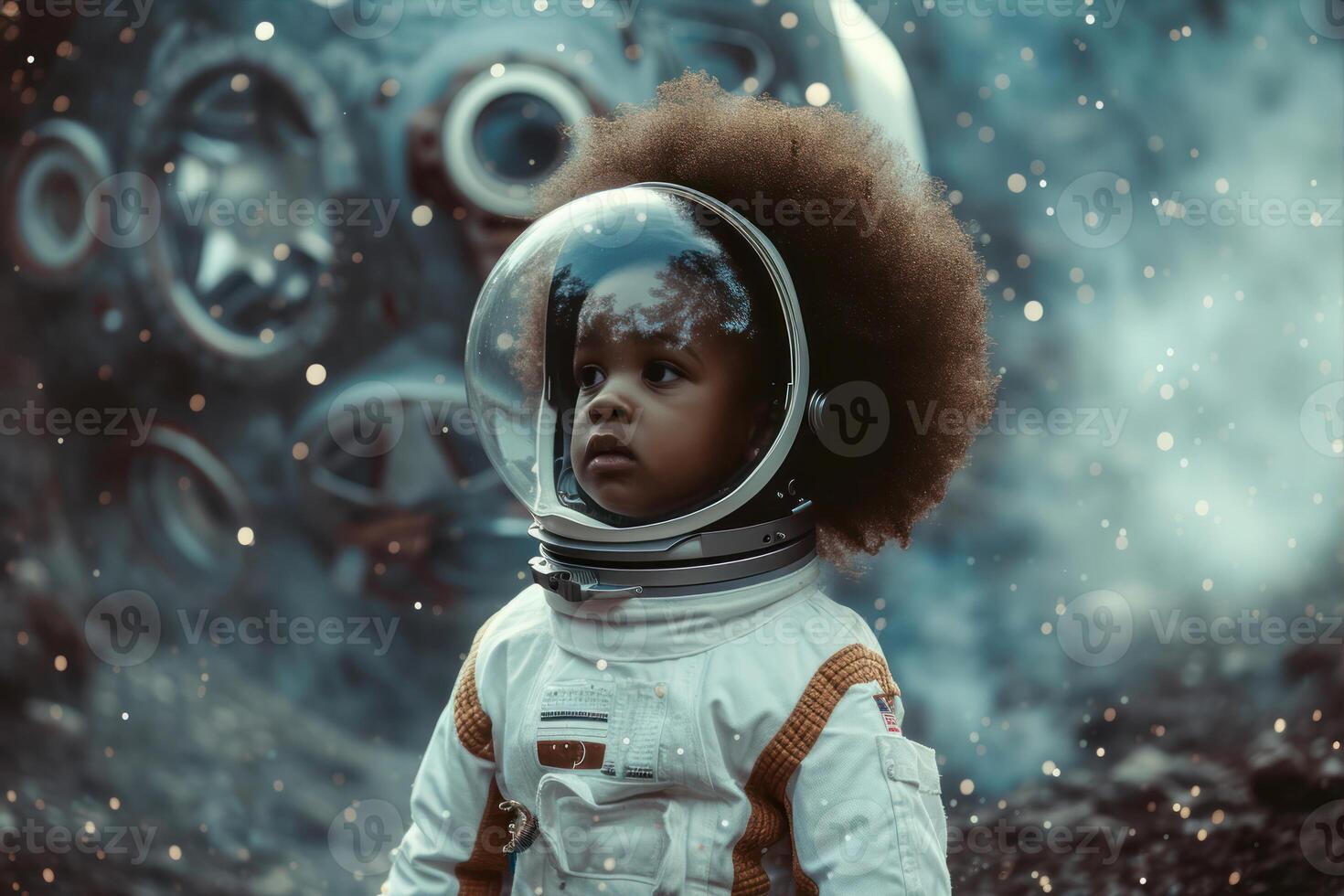 ai gerado retrato do uma fofa africano americano pequeno Garoto vestido gostar a astronauta. foto