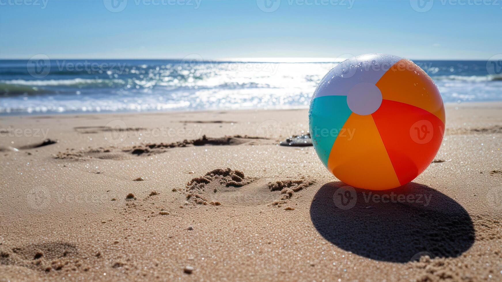 ai gerado colorida de praia bola em a areia de a mar. verão período de férias conceito foto