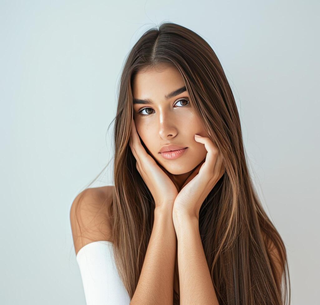 lindo mulher com grandes cabelo posando para uma cenário foto