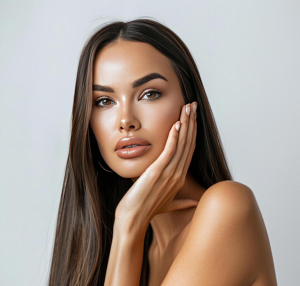 lindo mulher com grandes cabelo posando para uma cenário foto