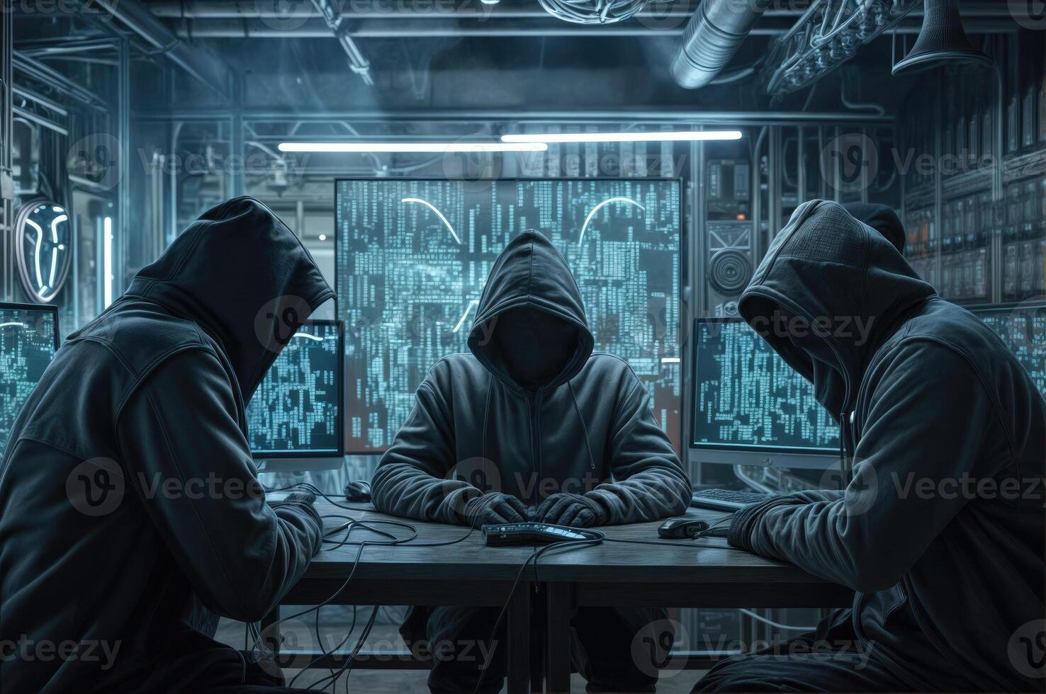 ai gerado hackers vestem máscaras e encapuzado jaquetas, cobertura seus rostos. elas estão trabalhando em computadores dentro uma Sombrio sala. foto