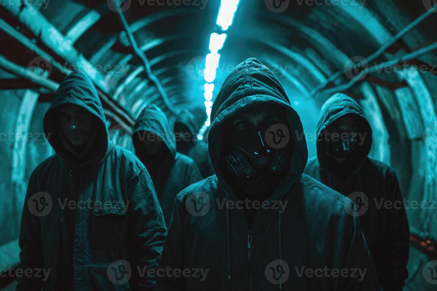 ai gerado hackers vestem máscaras e encapuzado jaquetas, cobertura seus rostos. elas estão trabalhando em computadores dentro uma Sombrio sala. foto