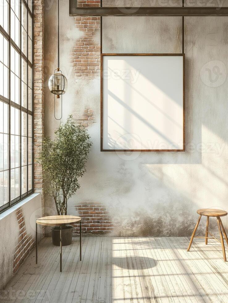 uma brincar do uma em branco quadrado foto quadro, Armação suspensão dentro a meio do parede com industrial, urbano, estilo loft decoração