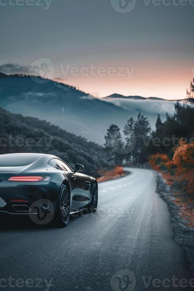 ai gerado moderno carro dirigindo em cênico estrada com montanhas gamas foto