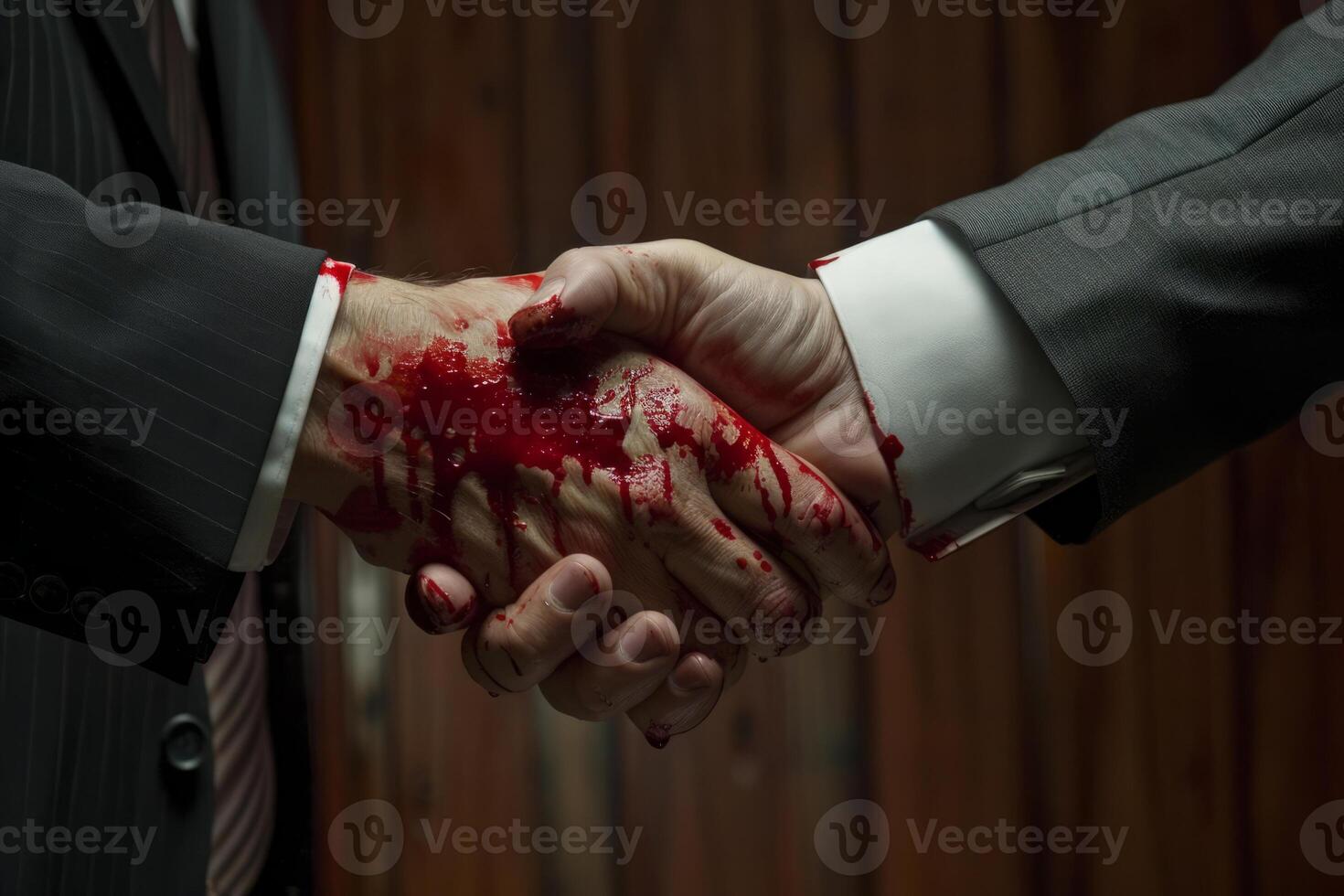 empresários selagem acordo com sangrento aperto de mão contra vermelho esparramado fundo foto