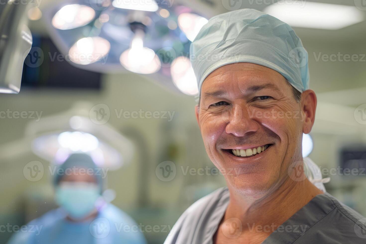 sorridente cirurgião dentro esfrega carrinhos dentro operativo quarto foto