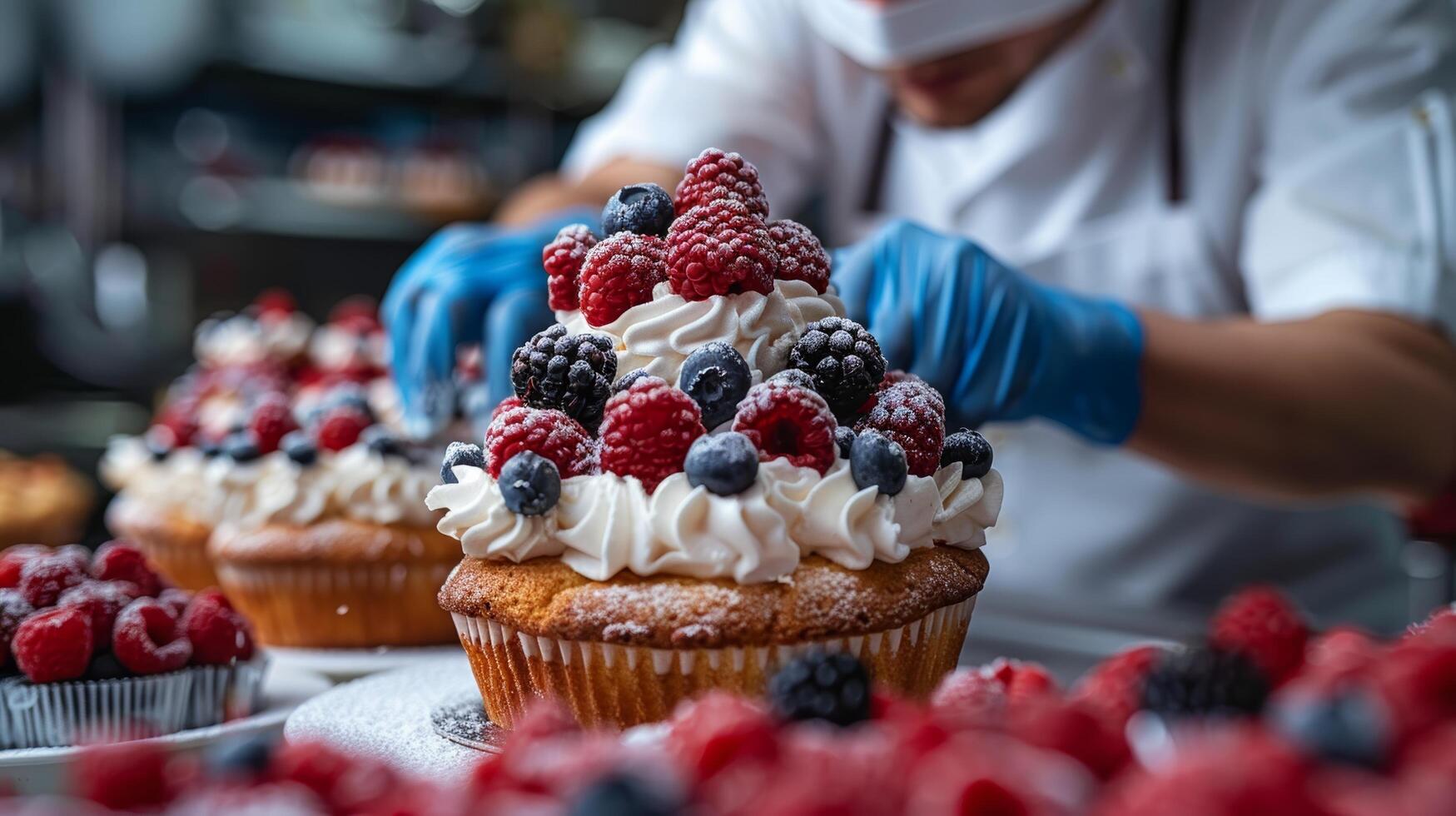 ai gerado pastelaria chefe de cozinha decoração bolos de copo com fresco bagas foto