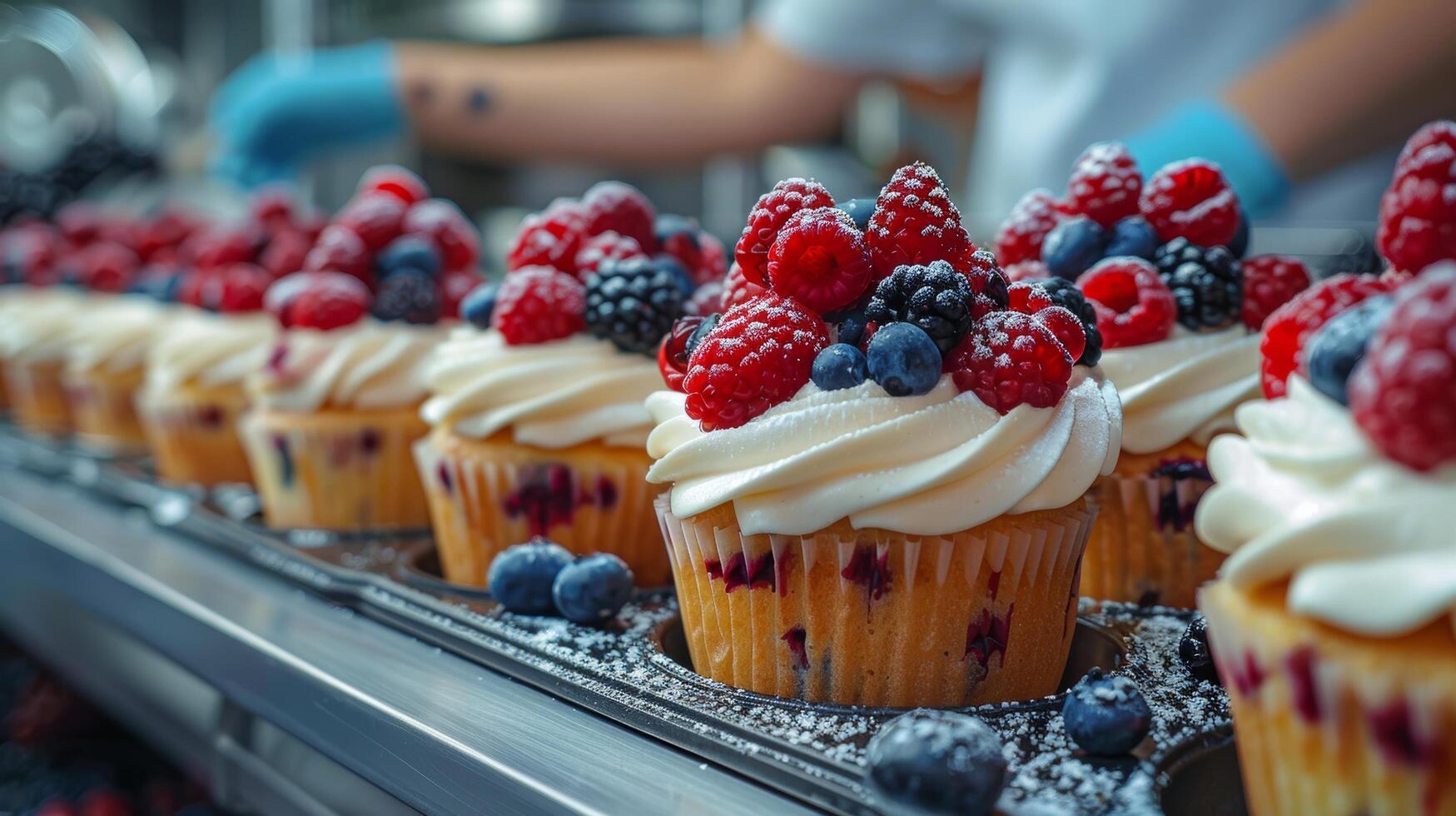 ai gerado pastelaria chefe de cozinha decoração bolos de copo com fresco bagas foto