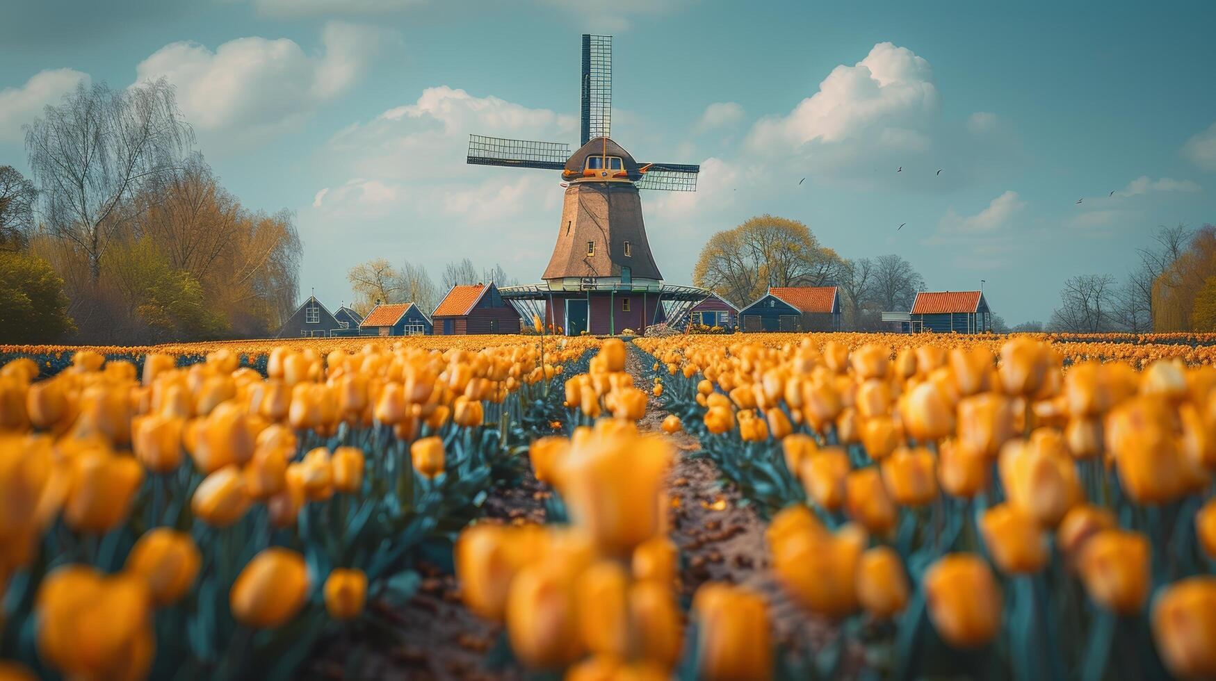 ai gerado campo do amarelo tulipas com moinho de vento foto