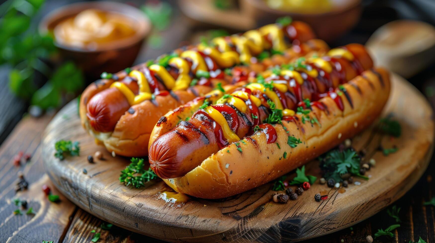 ai gerado quente cachorro com mostarda e ketchup em de madeira borda foto