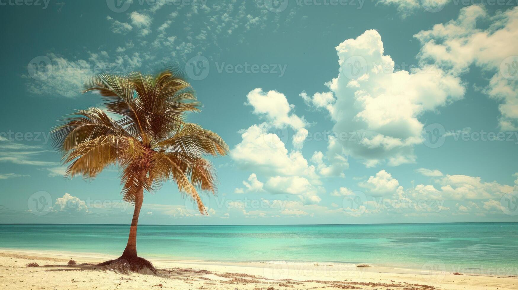 ai gerado uma Palma árvore em pé alta em uma tropical praia, conjunto contra uma pano de fundo do azul céu e fofo branco nuvens foto