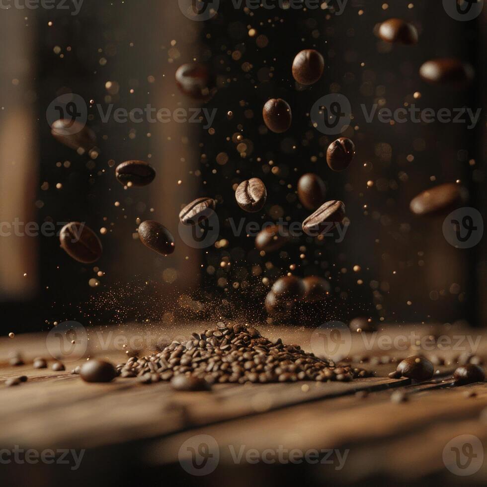 ai gerado café feijões mosca para uma mesa contra uma Preto fundo foto