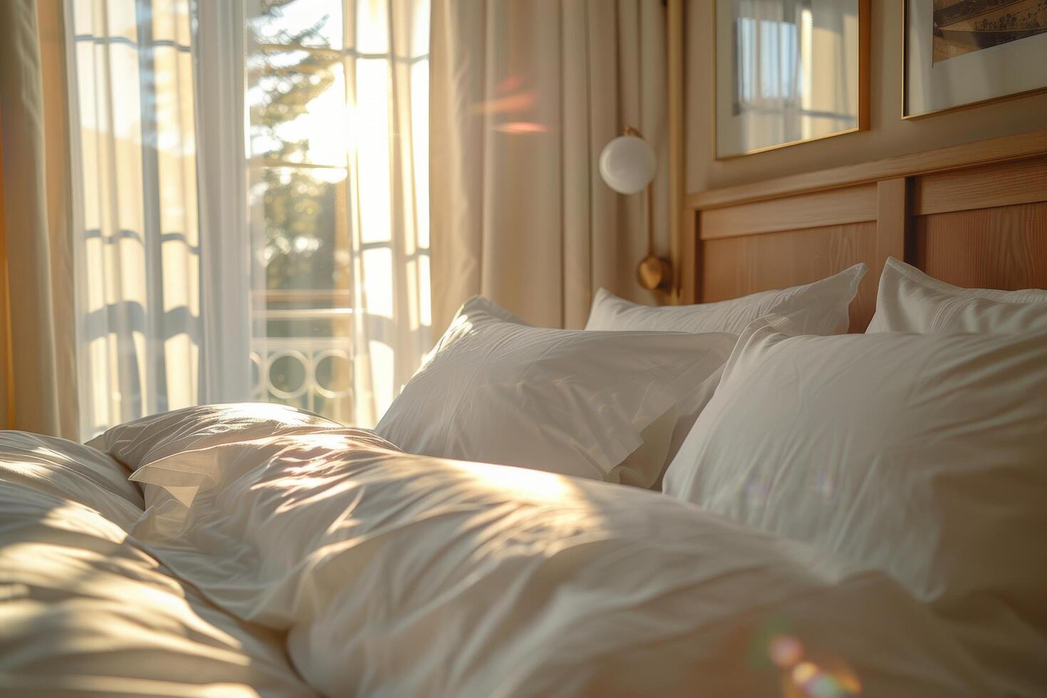 ai gerado cama com branco roupa de cama, travesseiros, flores foto