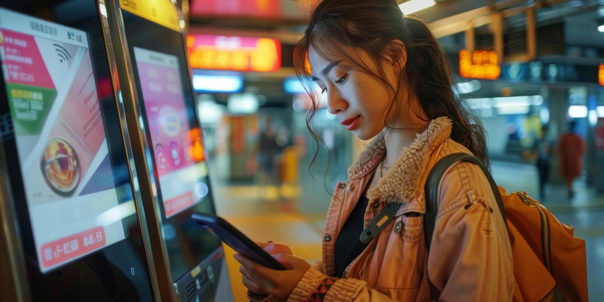 ai gerado mulher em pé dentro frente do vending máquina foto