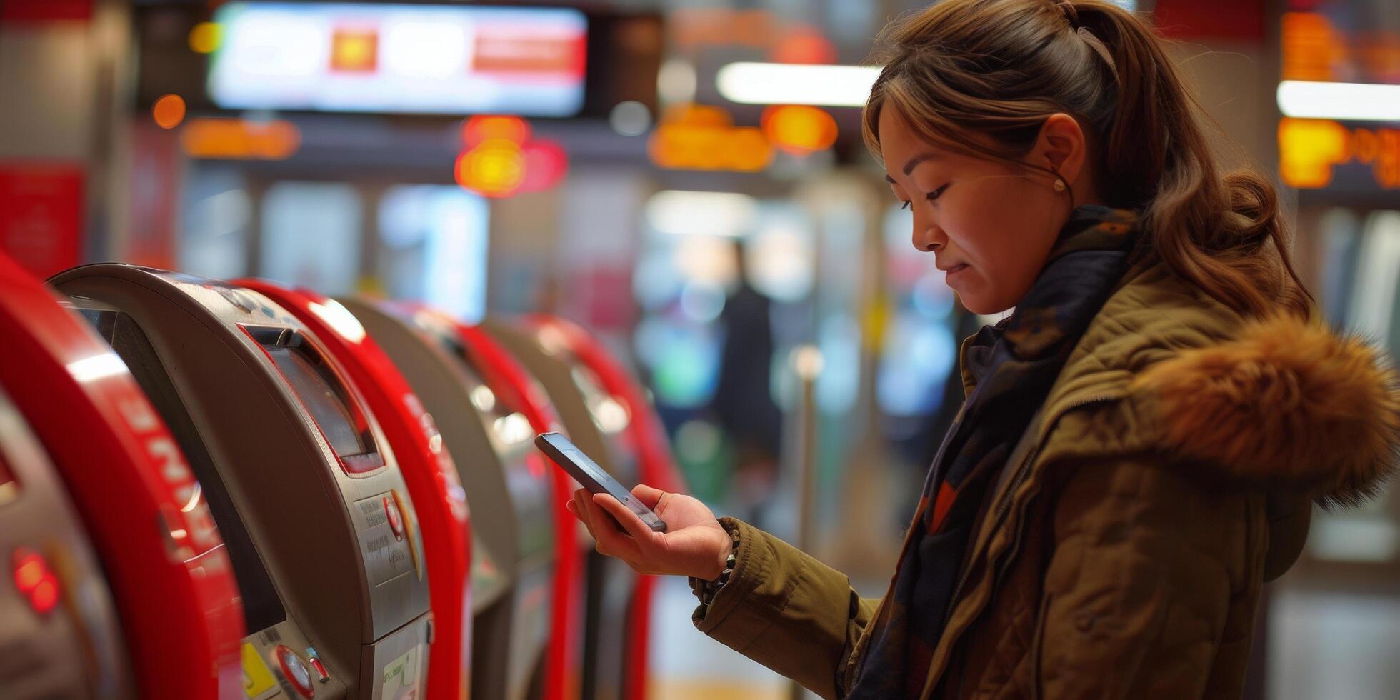 ai gerado mulher em pé dentro frente do vending máquina foto