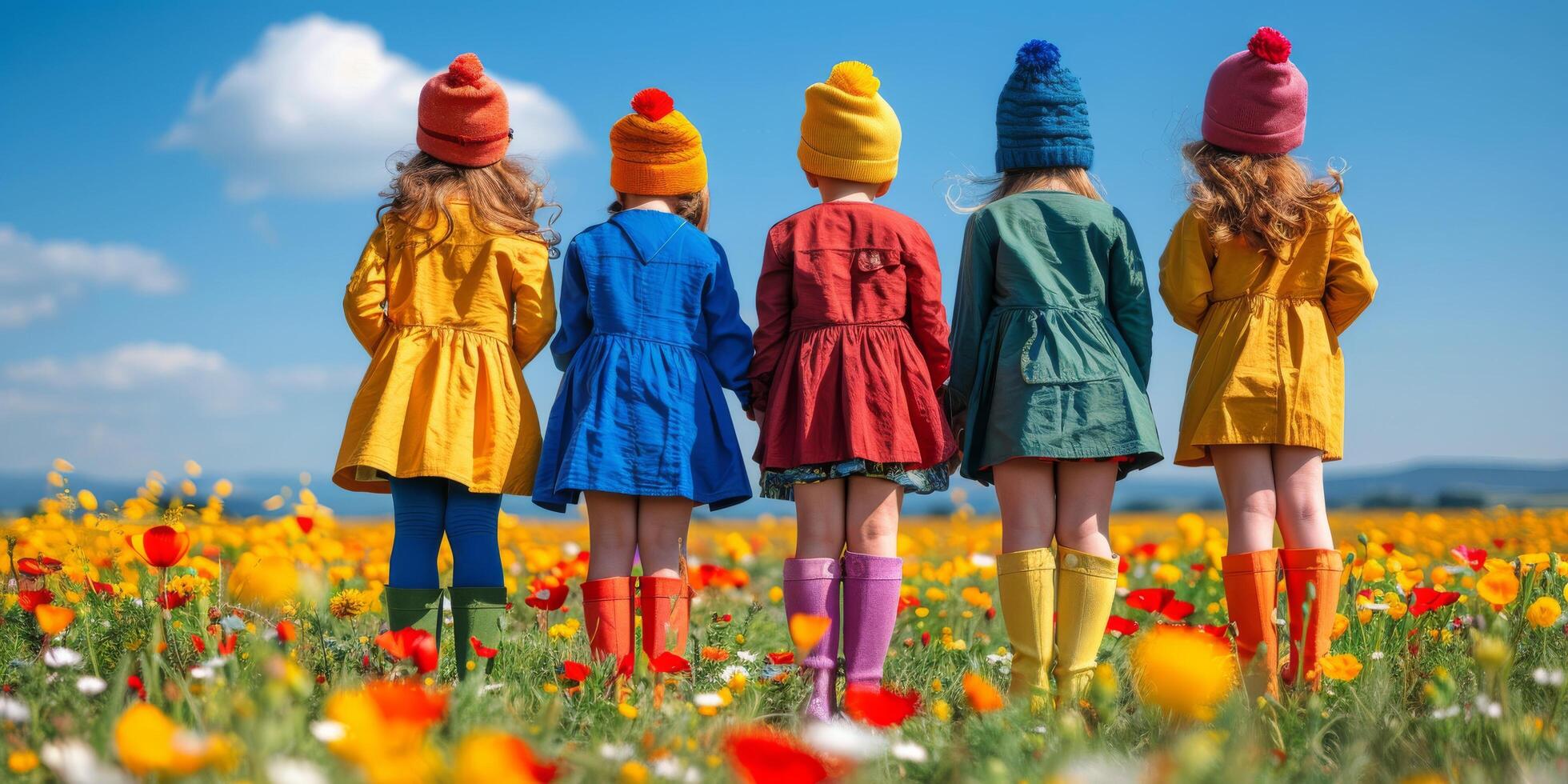 ai gerado grupo do meninas em pé dentro campo do flores foto