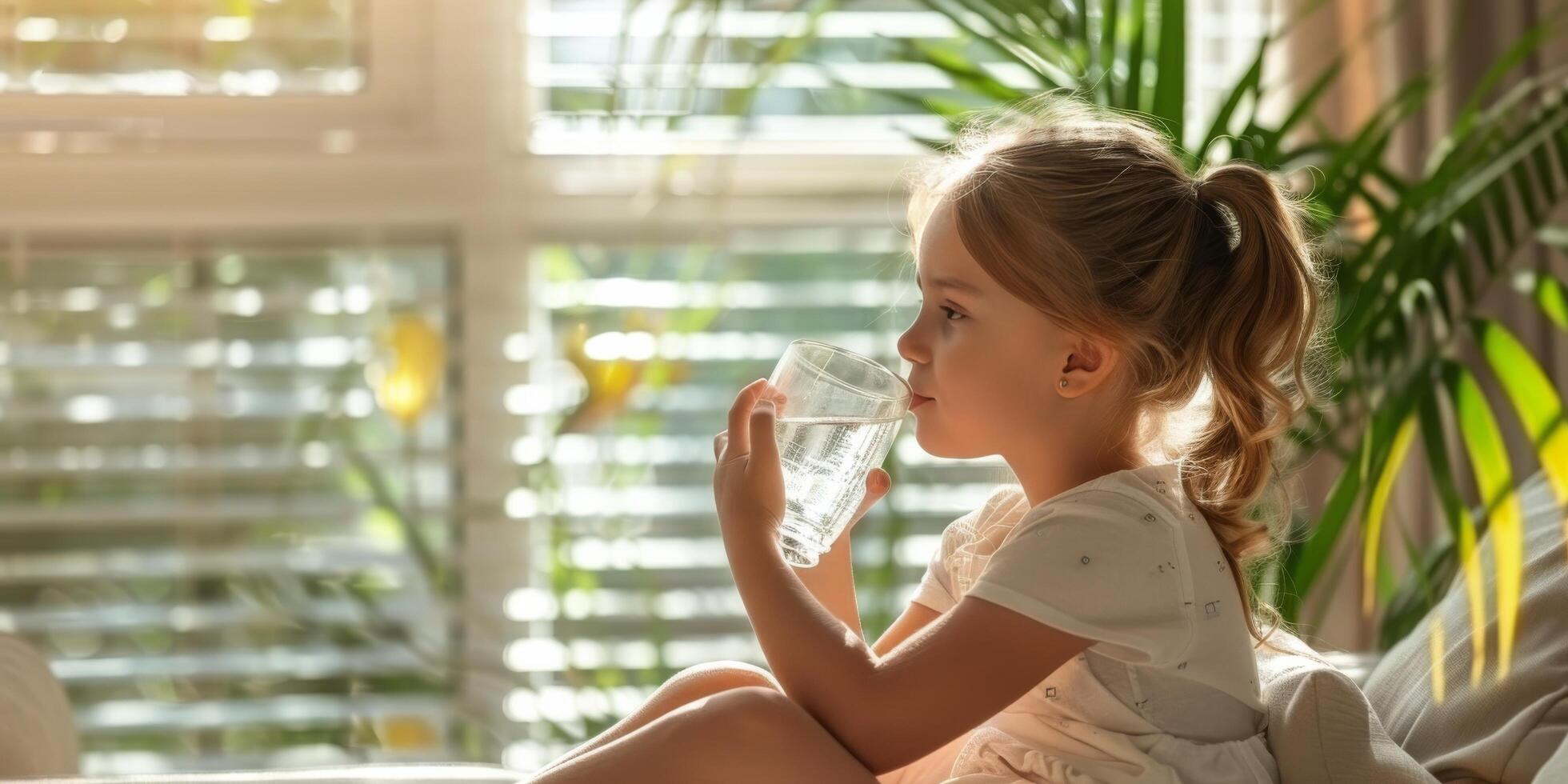 ai gerado pequeno menina segurando vidro do água foto