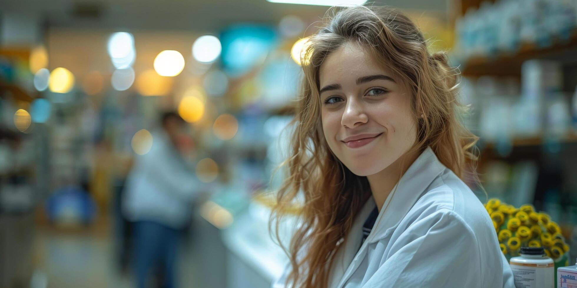 ai gerado mulher em pé dentro frente do loja preenchidas com garrafas foto