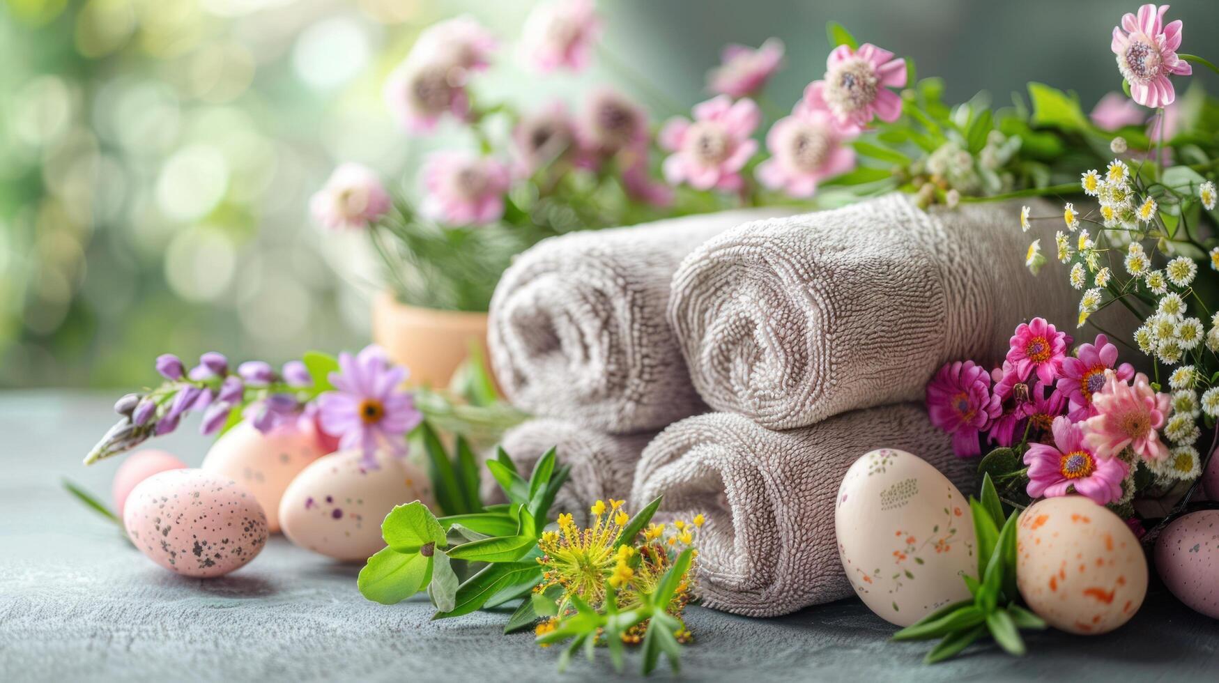 ai gerado tema de páscoa toalhas e fresco flor arranjos foto