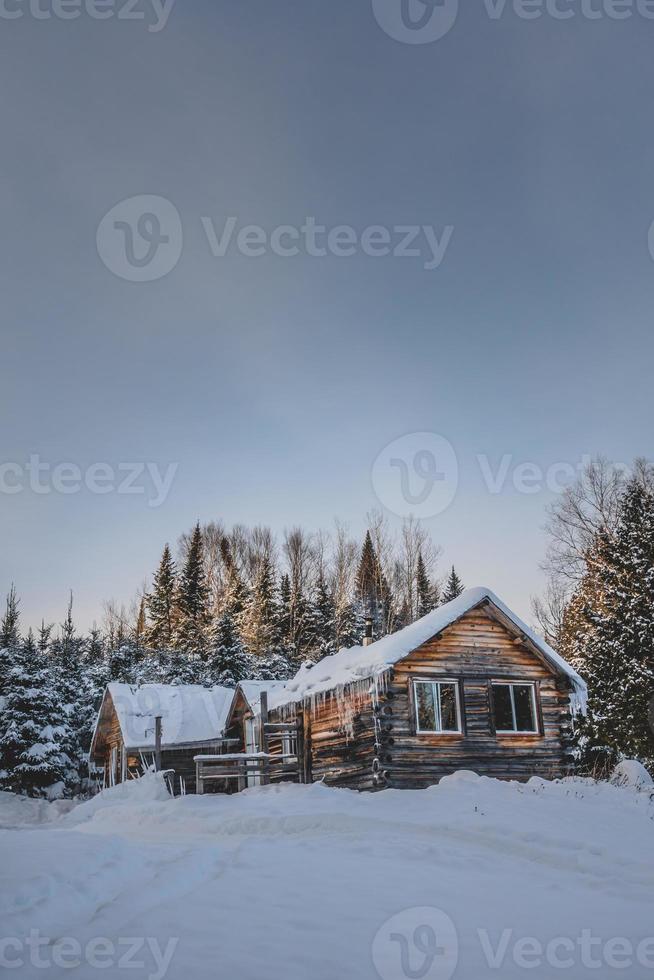 Barraca de madeira redonda canadense durante o inverno foto