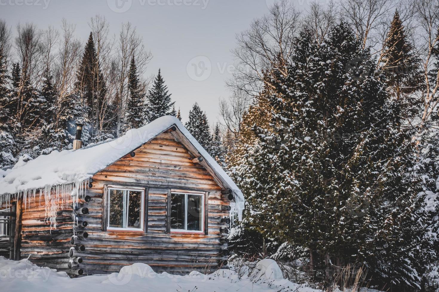 Barraca de madeira redonda canadense durante o inverno foto