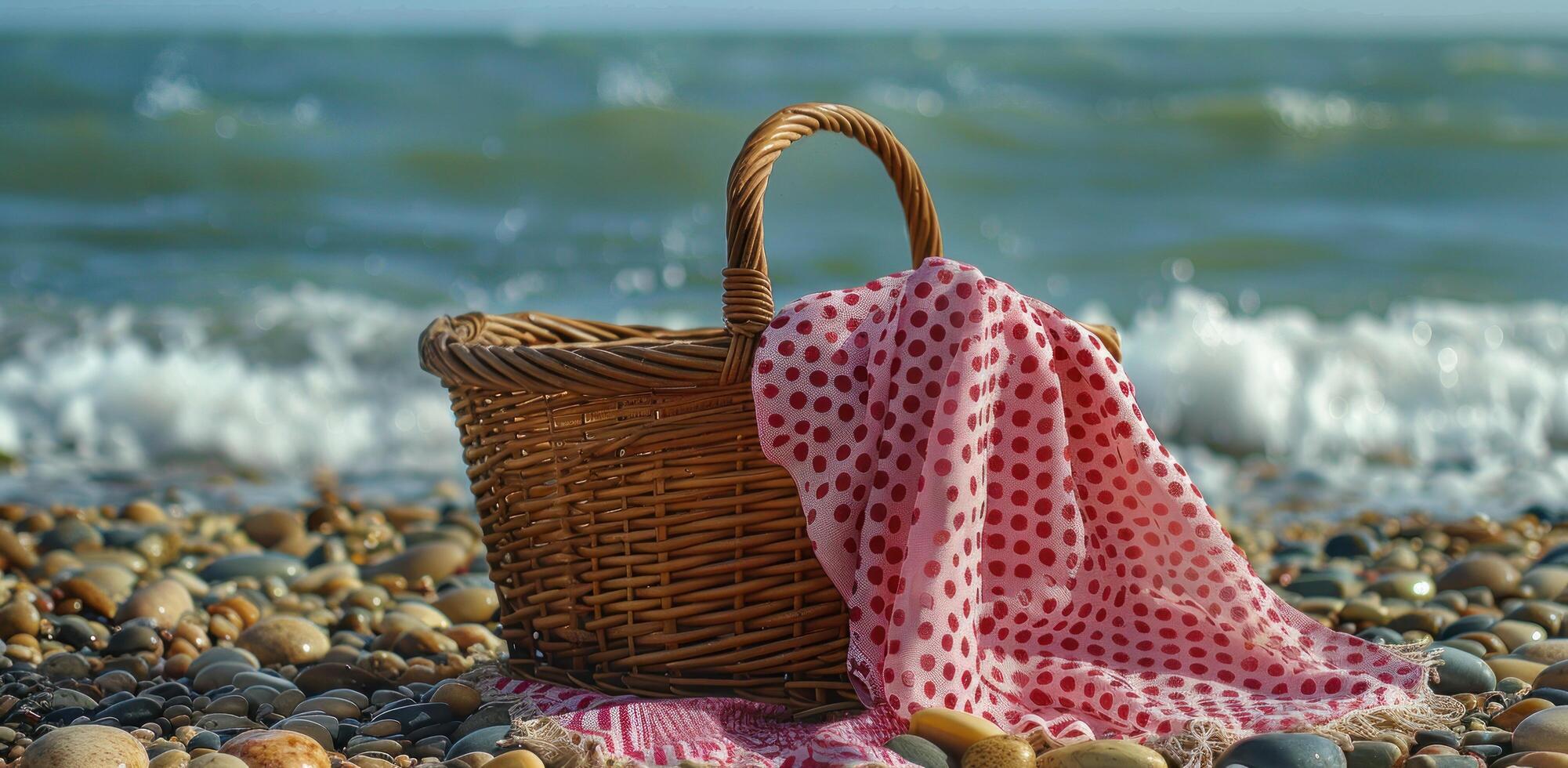 ai gerado vime cesta em a de praia com Rosa polca ponto piquenique cobertor foto