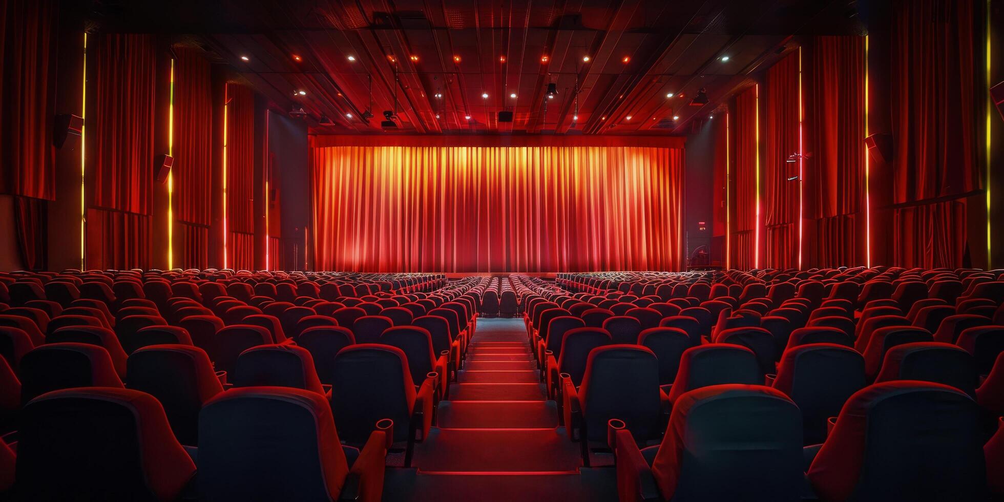 esvaziar teatro com vermelho cortinas e assentos foto